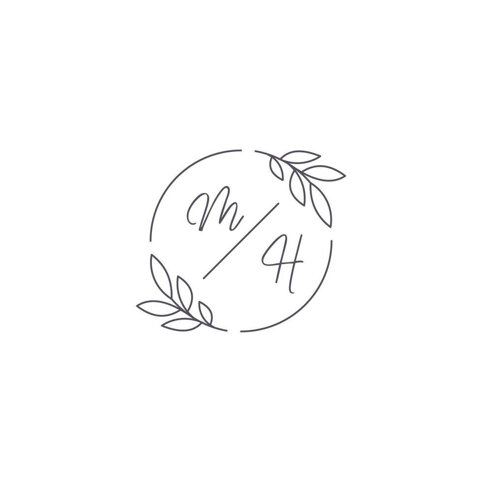 Initials MH monogram wedding logo with simple leaf outline and circle style vector