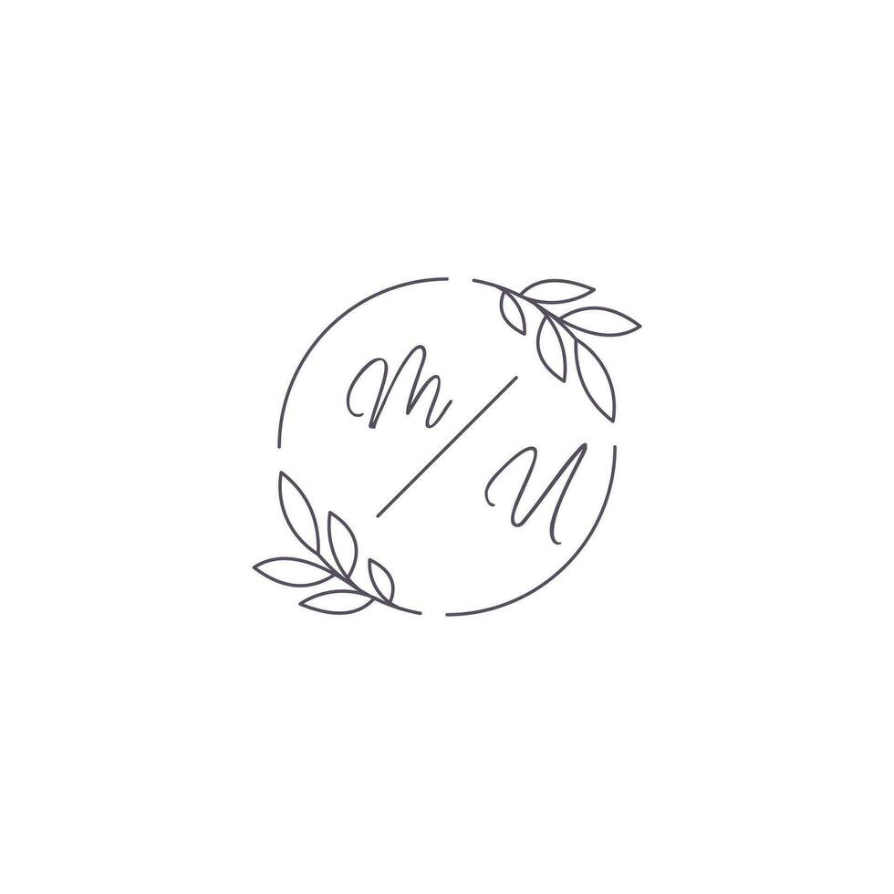 Initials MU monogram wedding logo with simple leaf outline and circle style vector