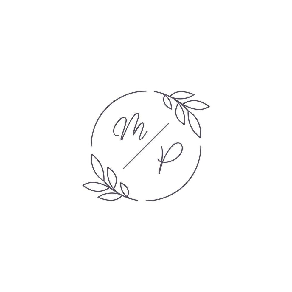 Initials MP monogram wedding logo with simple leaf outline and circle style vector