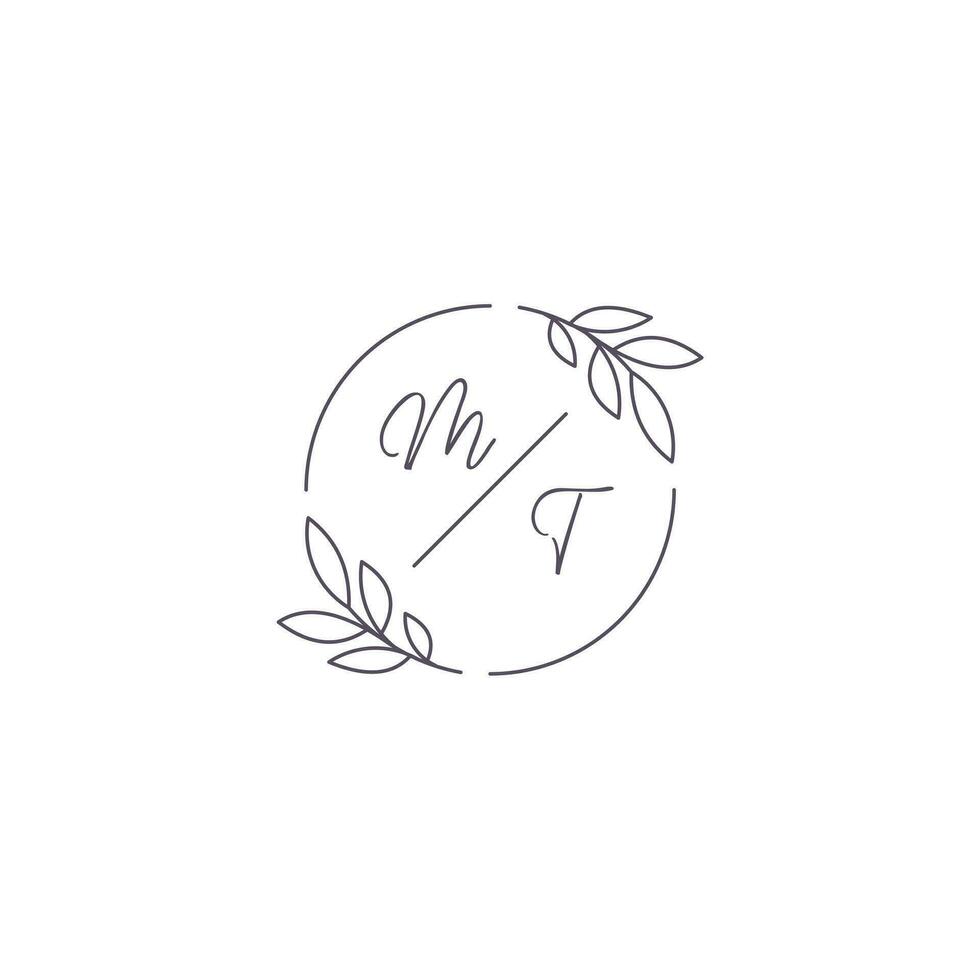 Initials MT monogram wedding logo with simple leaf outline and circle style vector