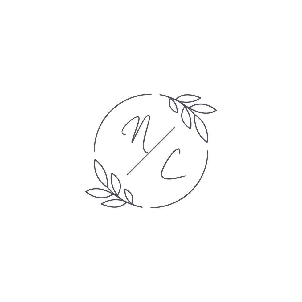 Initials NC monogram wedding logo with simple leaf outline and circle style vector