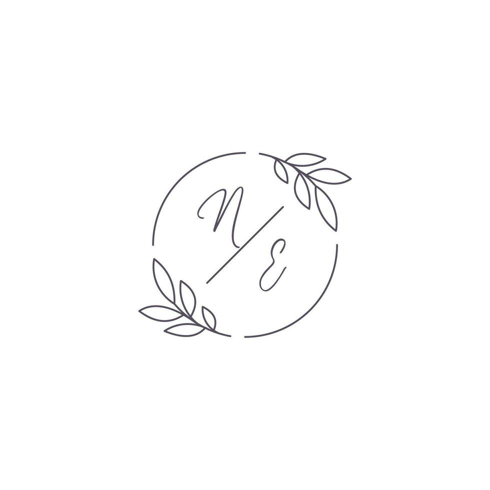 Initials NE monogram wedding logo with simple leaf outline and circle style vector
