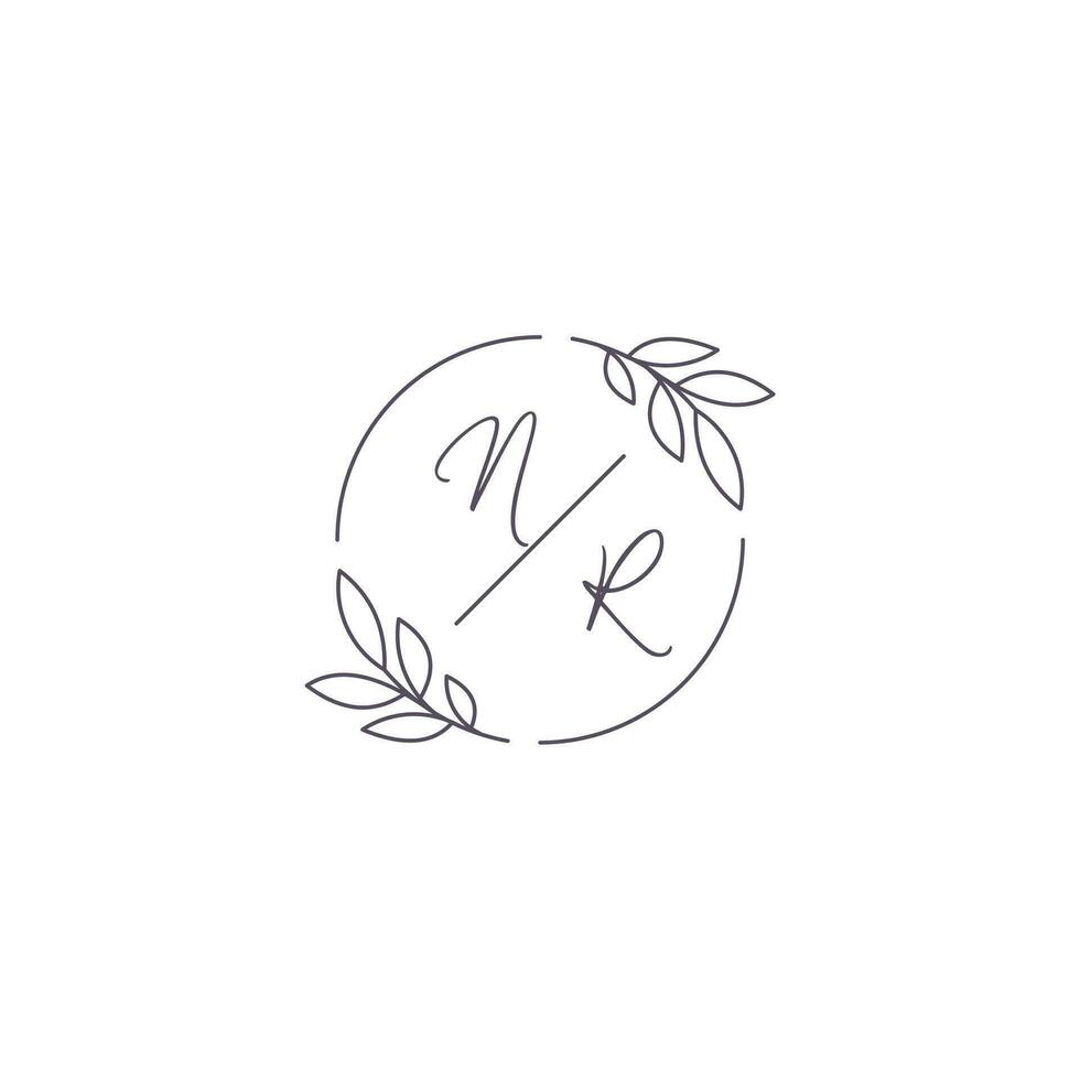 Initials NR monogram wedding logo with simple leaf outline and circle style vector