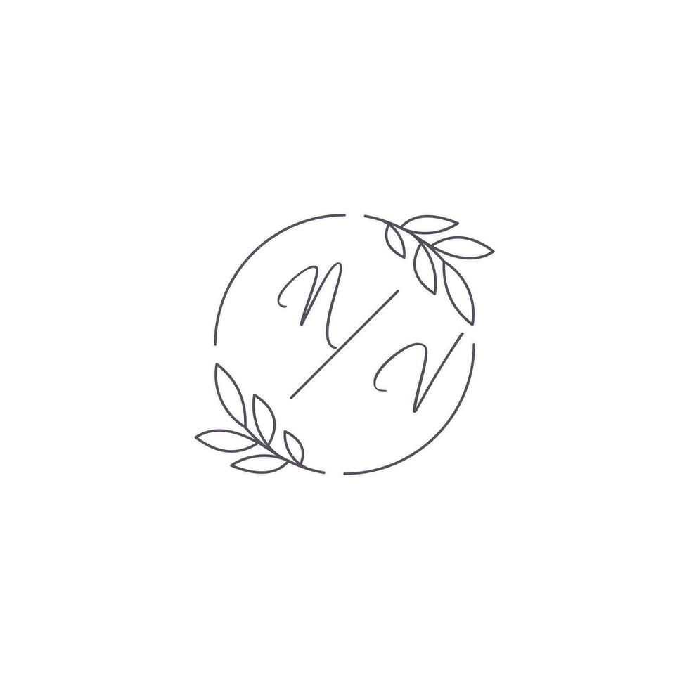 Initials NV monogram wedding logo with simple leaf outline and circle style vector