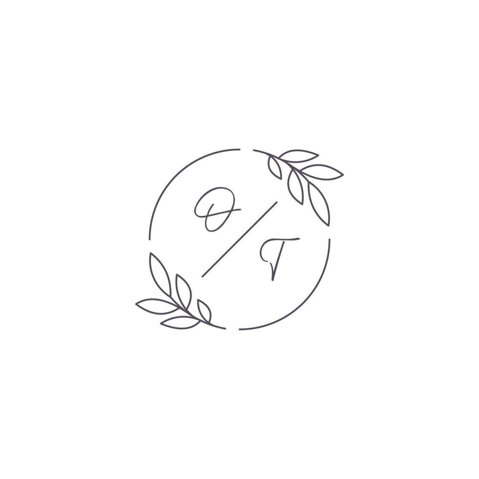 Initials OT monogram wedding logo with simple leaf outline and circle style vector