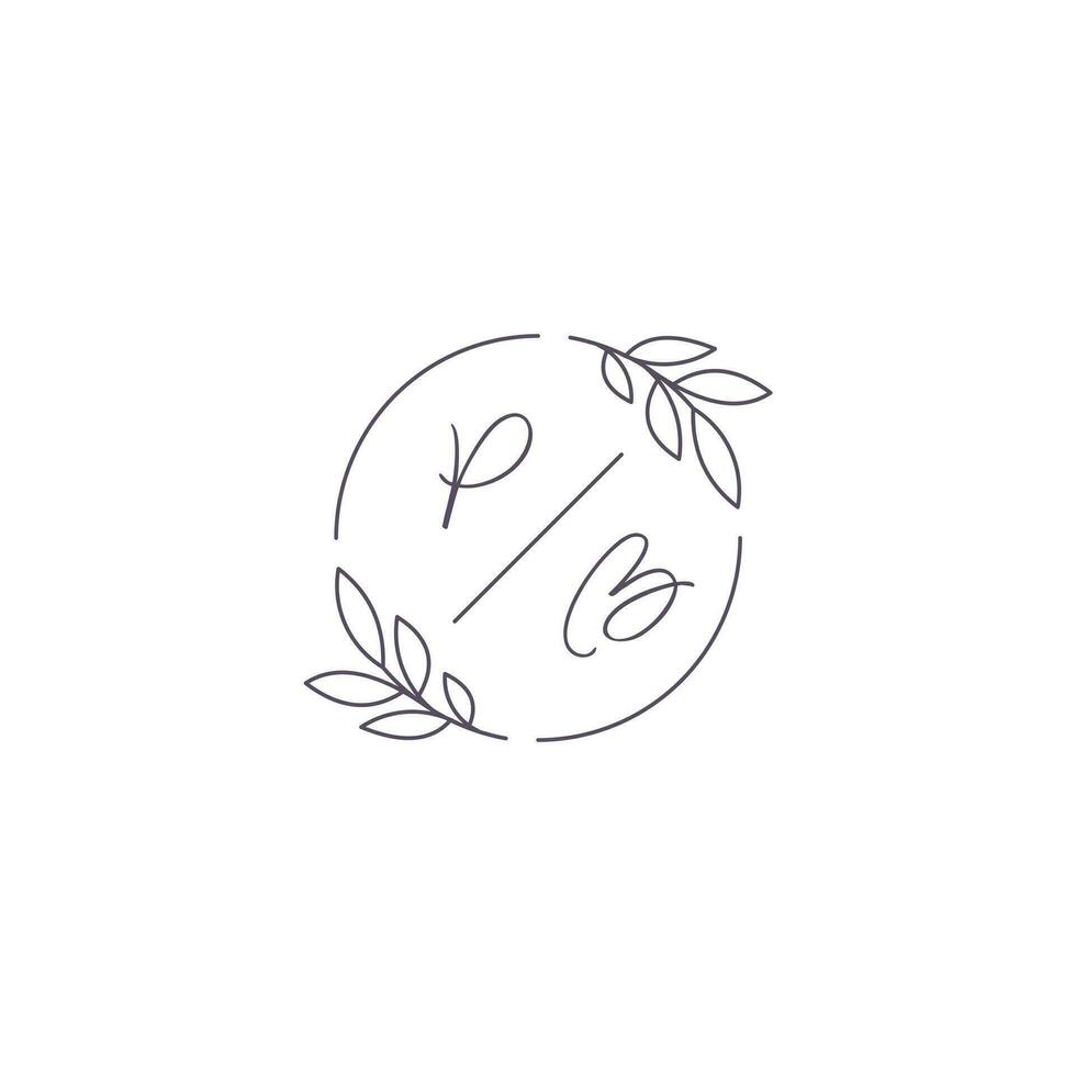Initials PB monogram wedding logo with simple leaf outline and circle style vector