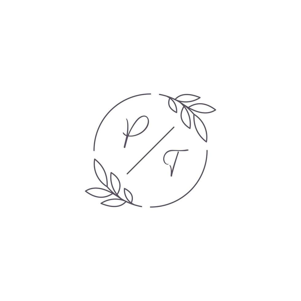 Initials PT monogram wedding logo with simple leaf outline and circle style vector