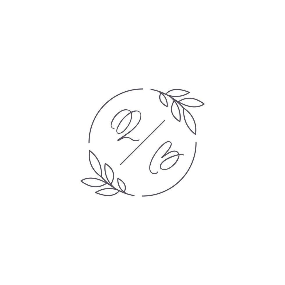 Initials QB monogram wedding logo with simple leaf outline and circle style vector