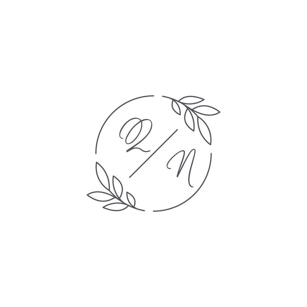 Initials QN monogram wedding logo with simple leaf outline and circle style vector