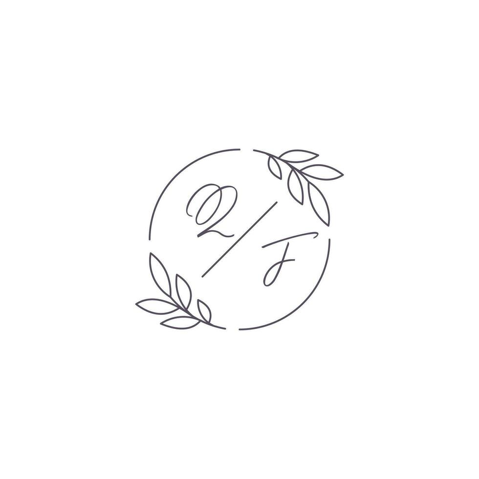 Initials QF monogram wedding logo with simple leaf outline and circle style vector