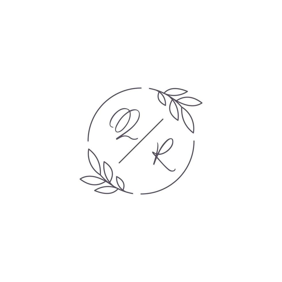 Initials QR monogram wedding logo with simple leaf outline and circle style vector