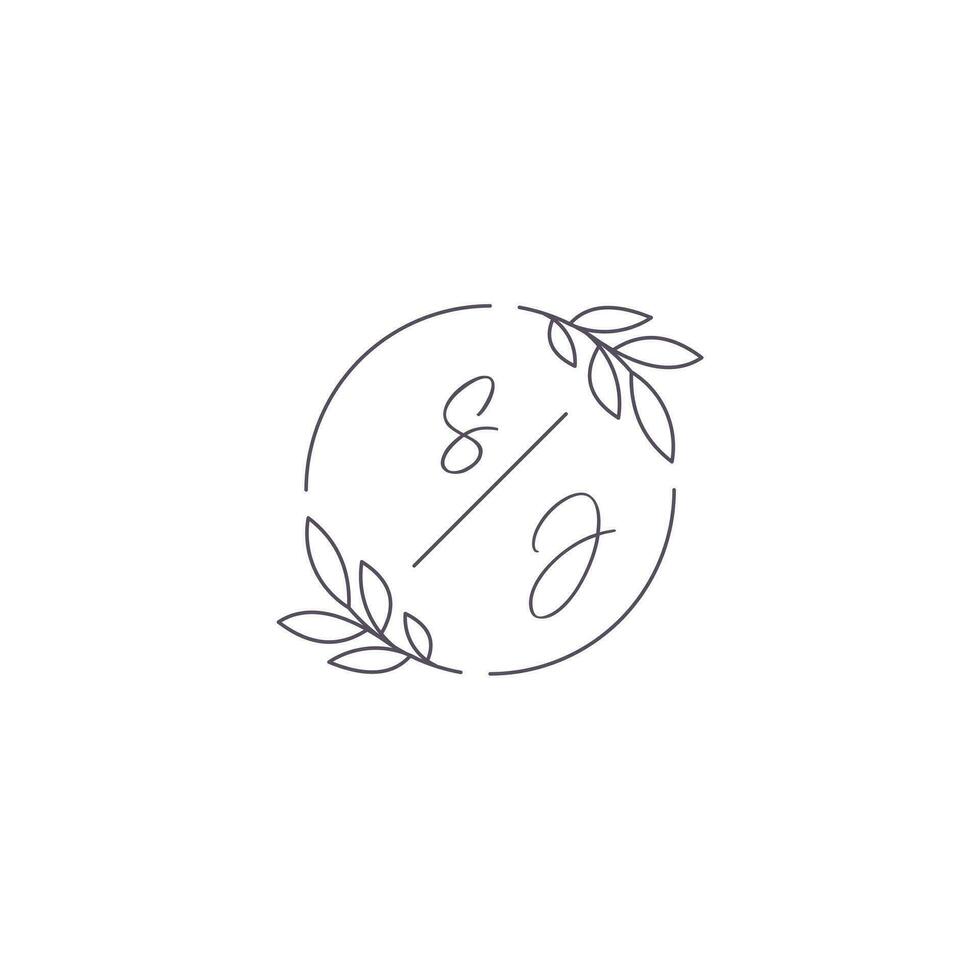Initials SJ monogram wedding logo with simple leaf outline and circle style vector