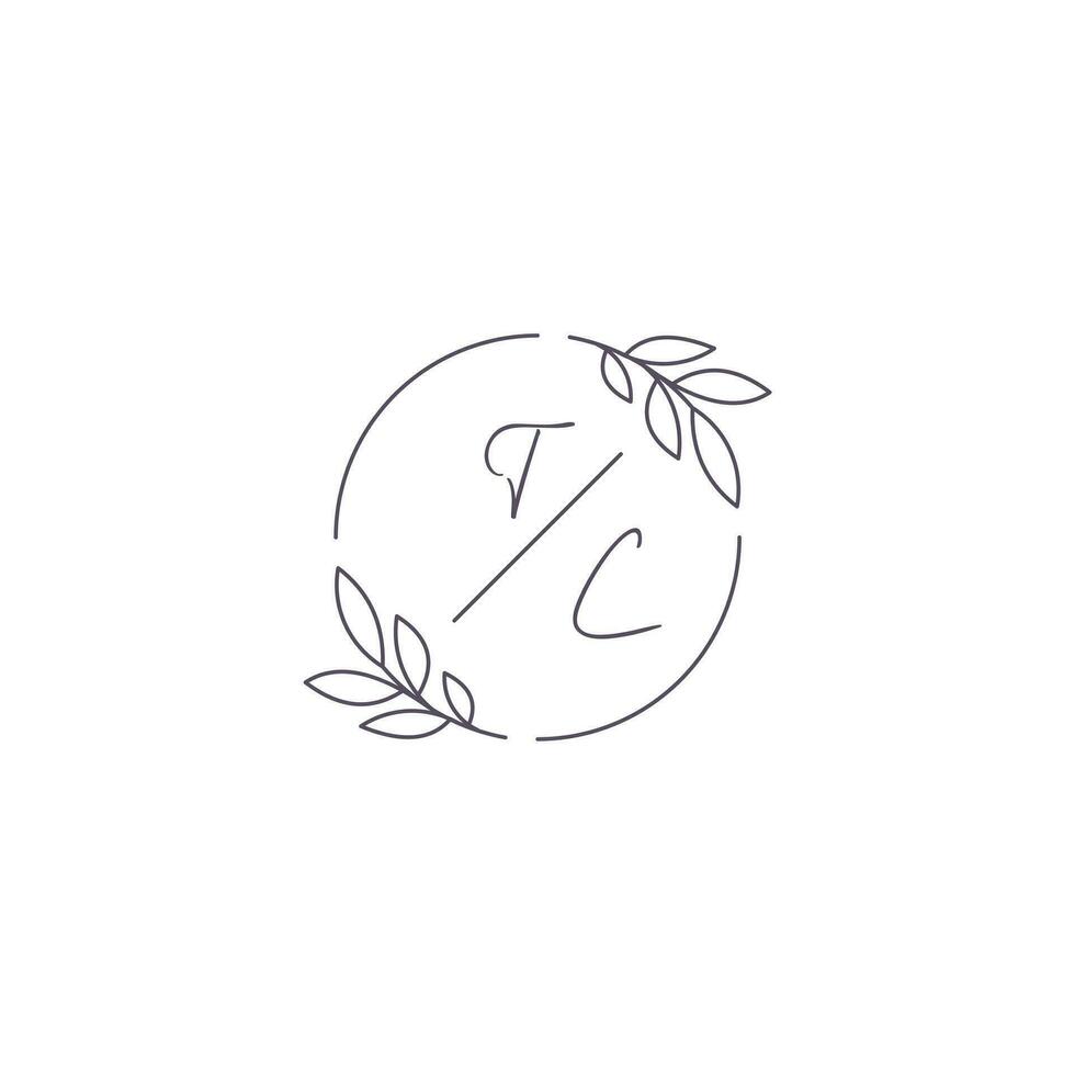 Initials TC monogram wedding logo with simple leaf outline and circle style vector