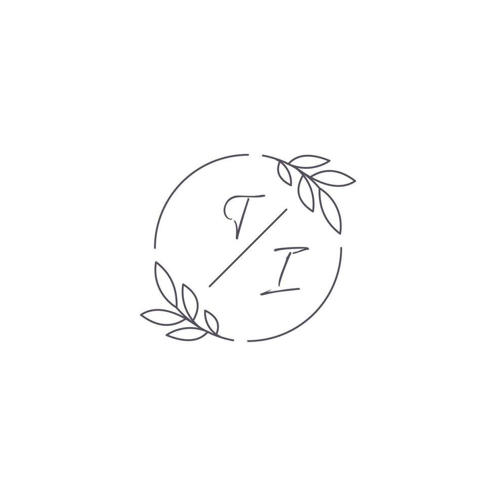 Initials TI monogram wedding logo with simple leaf outline and circle style vector