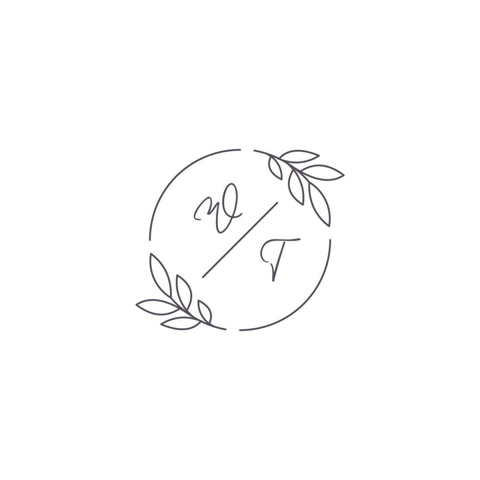 Initials WT monogram wedding logo with simple leaf outline and circle style vector