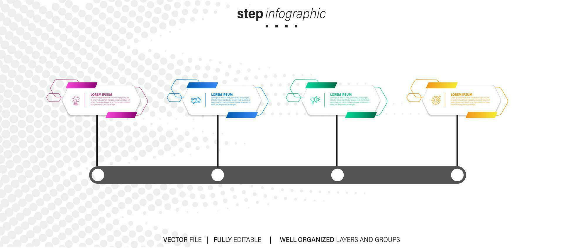 Concept of business model with 4 successive steps. Four colorful graphic elements. Timeline design for brochure, presentation. Infographic design layout vector