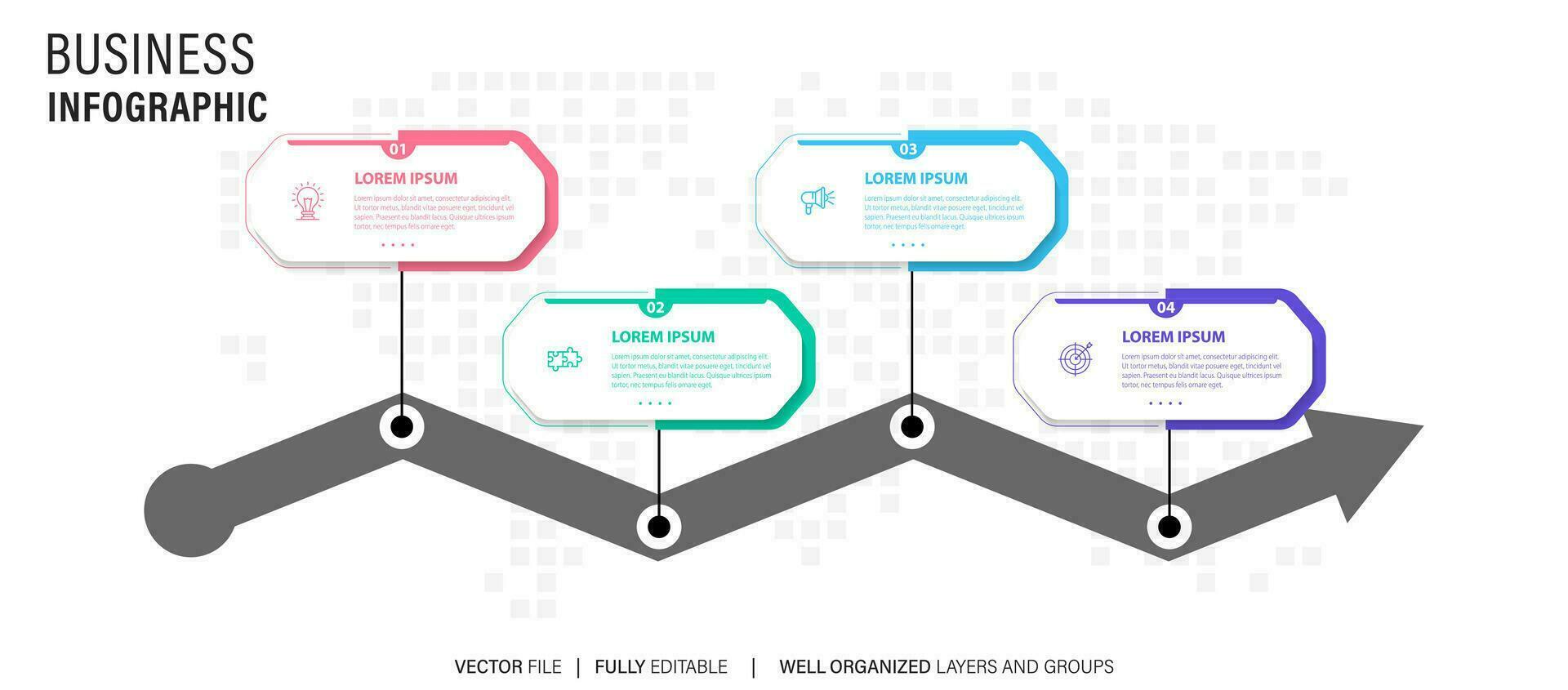 Concept of business model with 4 successive steps. Four colorful graphic elements. Timeline design for brochure, presentation. Infographic design layout vector