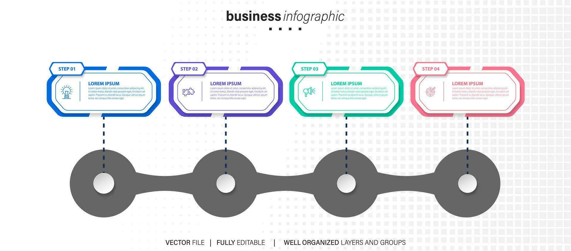 Line step infographic. 4 options workflow diagram, circle timeline number infograph, process steps chart. Linear vector infographics. Process order infographic arrow and steps point illustration