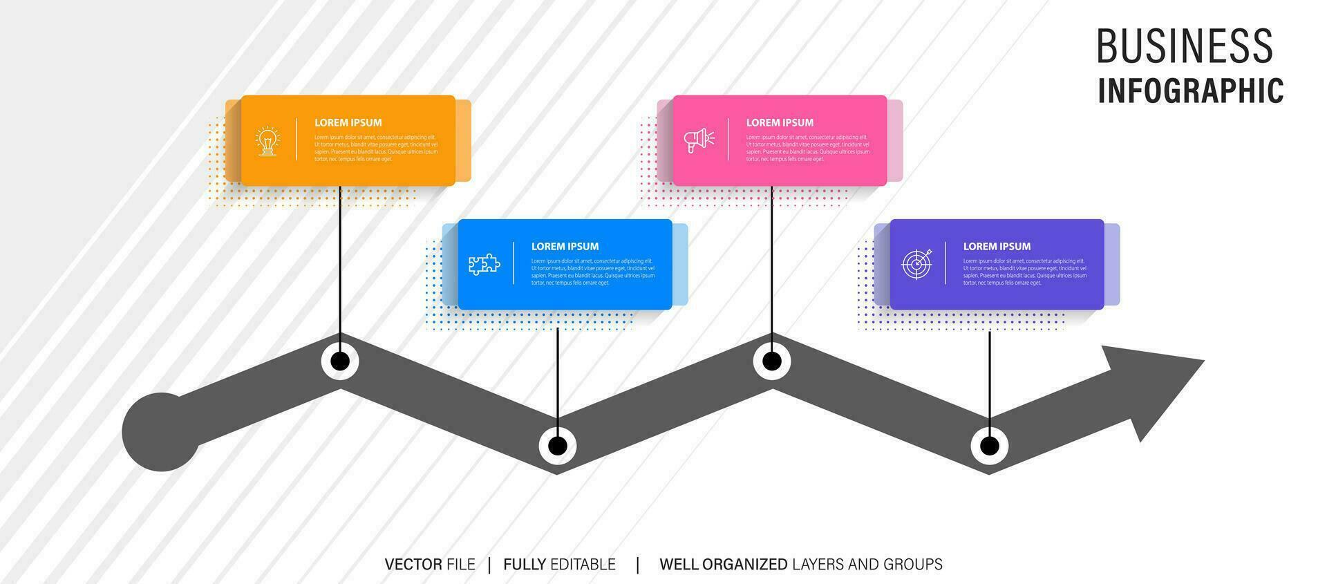 Mind map infographic template or element as a vector with 4 step, process, option, colorful label, icons, semicircular, circular, branch arrow, for sale slide or presentation, minimal, modern style