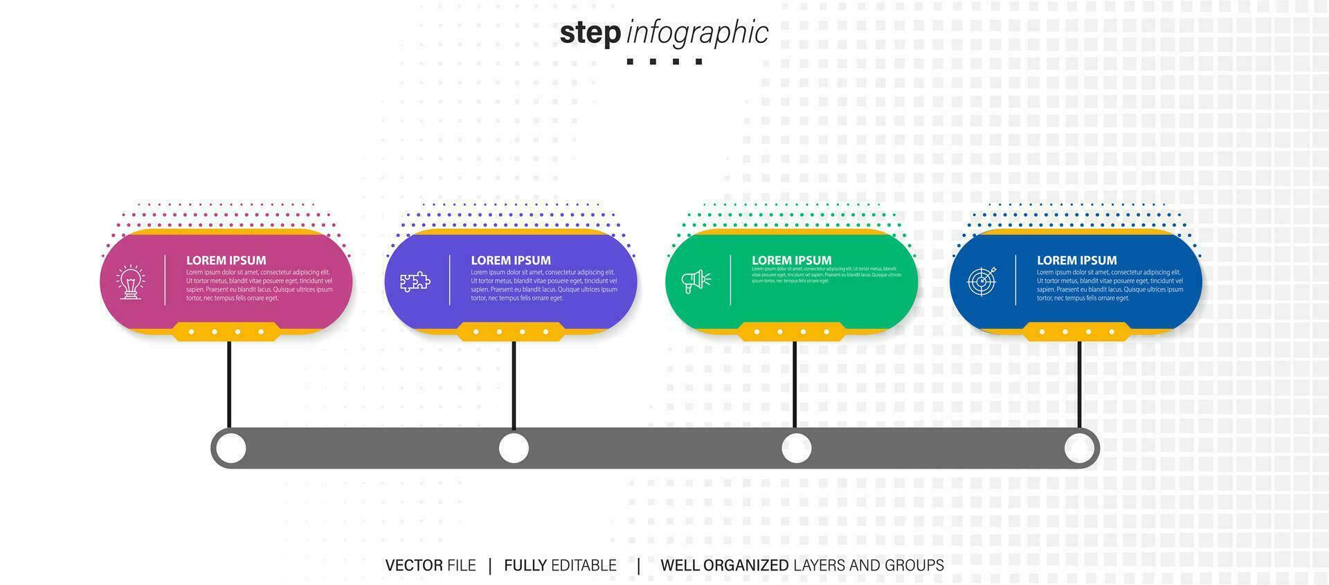 Mind map infographic template or element as a vector with 4 step, process, option, colorful label, icons, semicircular, circular, branch arrow, for sale slide or presentation, minimal, modern style