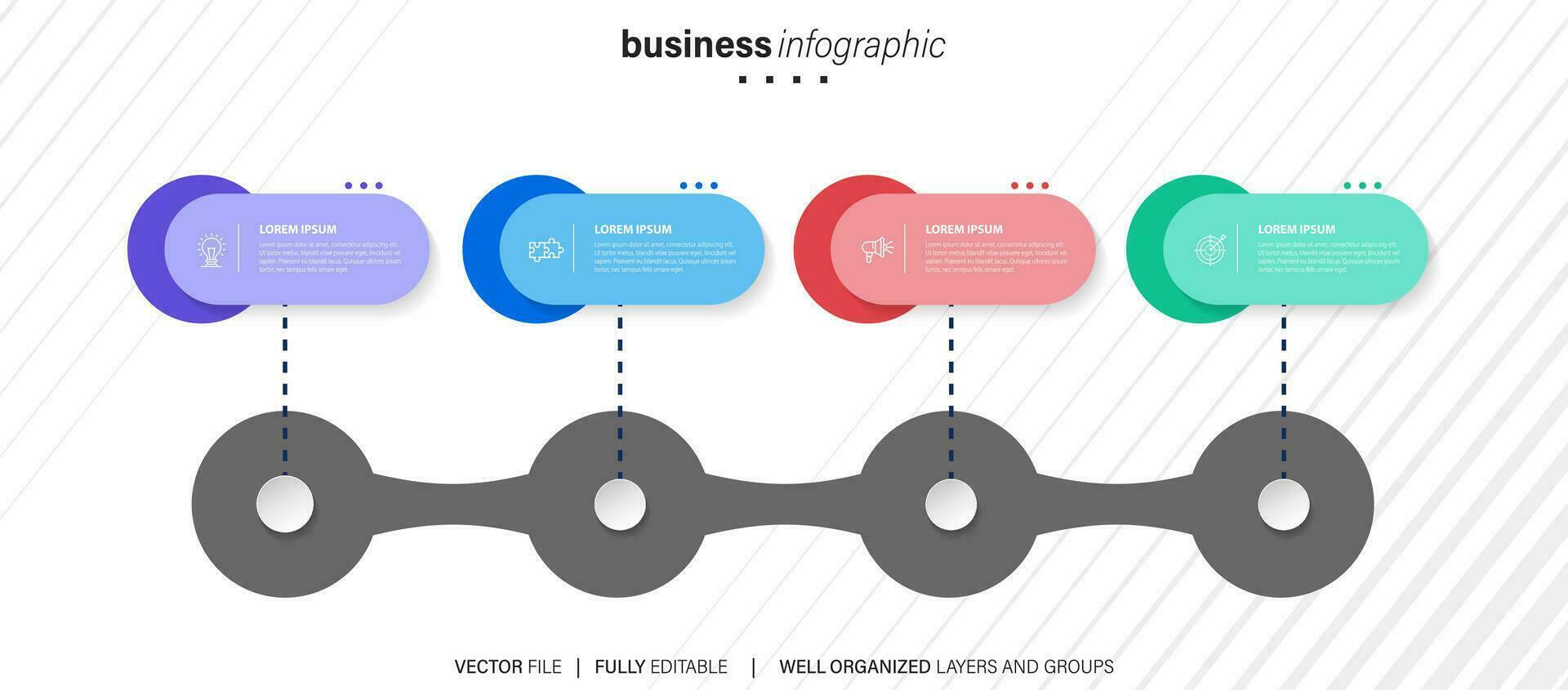 Mind map infographic template or element as a vector with 4 step, process, option, colorful label, icons, semicircular, circular, branch arrow, for sale slide or presentation, minimal, modern style