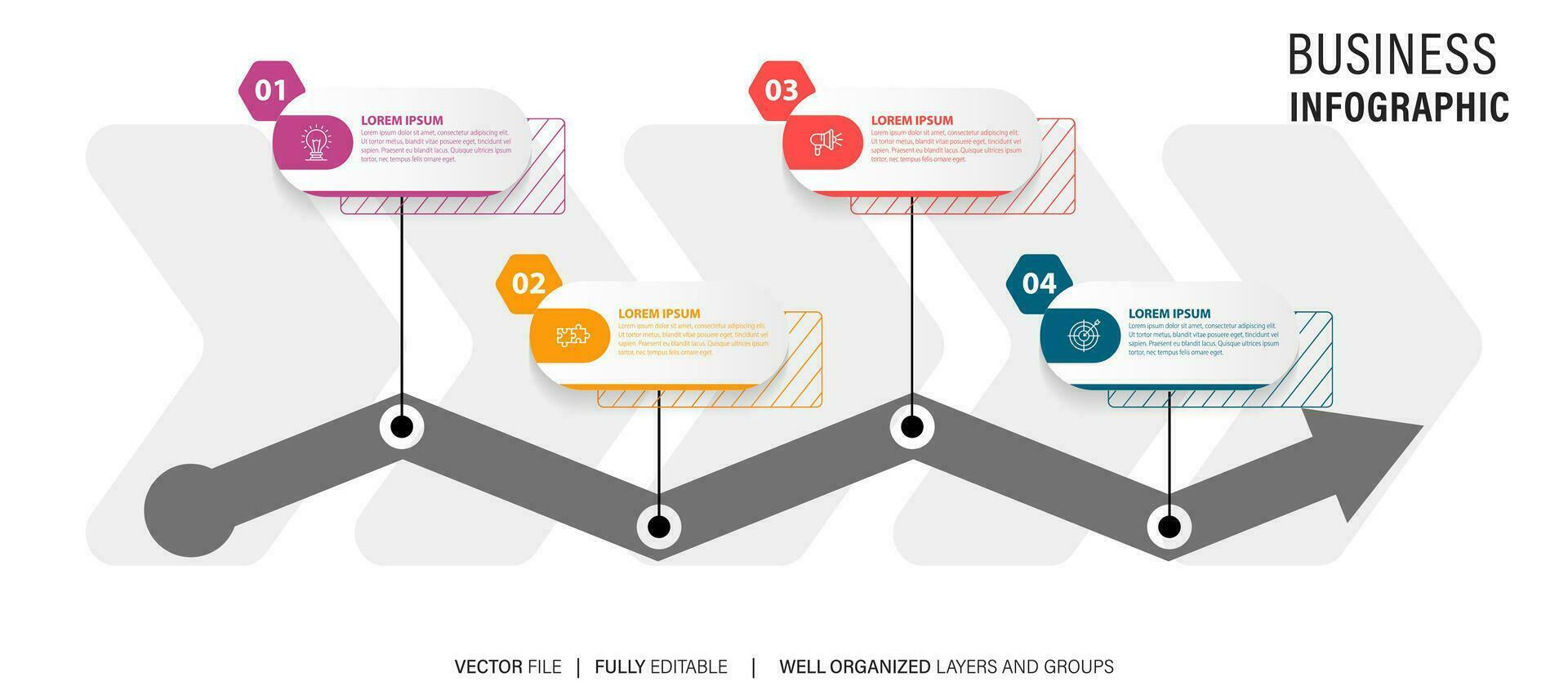 Mind map infographic template or element as a vector with 4 step, process, option, colorful label, icons, semicircular, circular, branch arrow, for sale slide or presentation, minimal, modern style