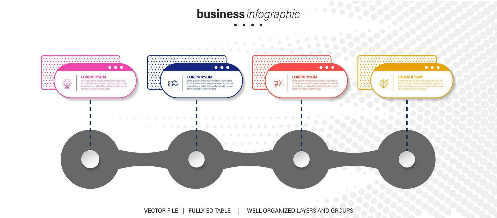 Mind map infographic template or element as a vector with 4 step, process, option, colorful label, icons, semicircular, circular, branch arrow, for sale slide or presentation, minimal, modern style