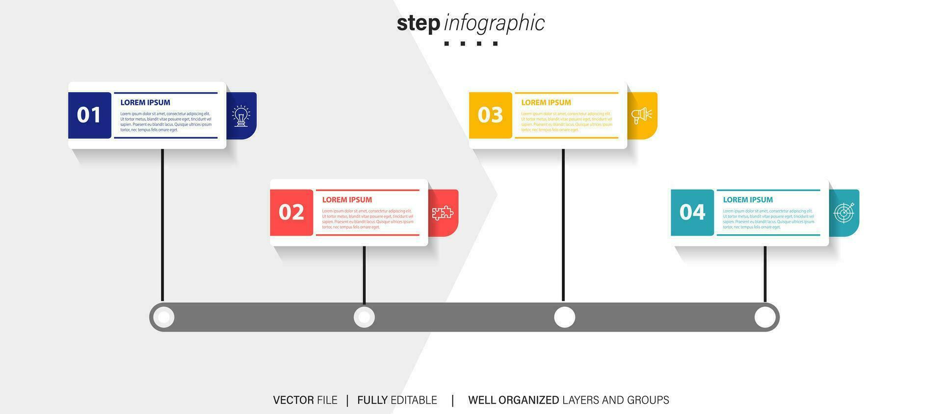 Mind map infographic template or element as a vector with 4 step, process, option, colorful label, icons, semicircular, circular, branch arrow, for sale slide or presentation, minimal, modern style