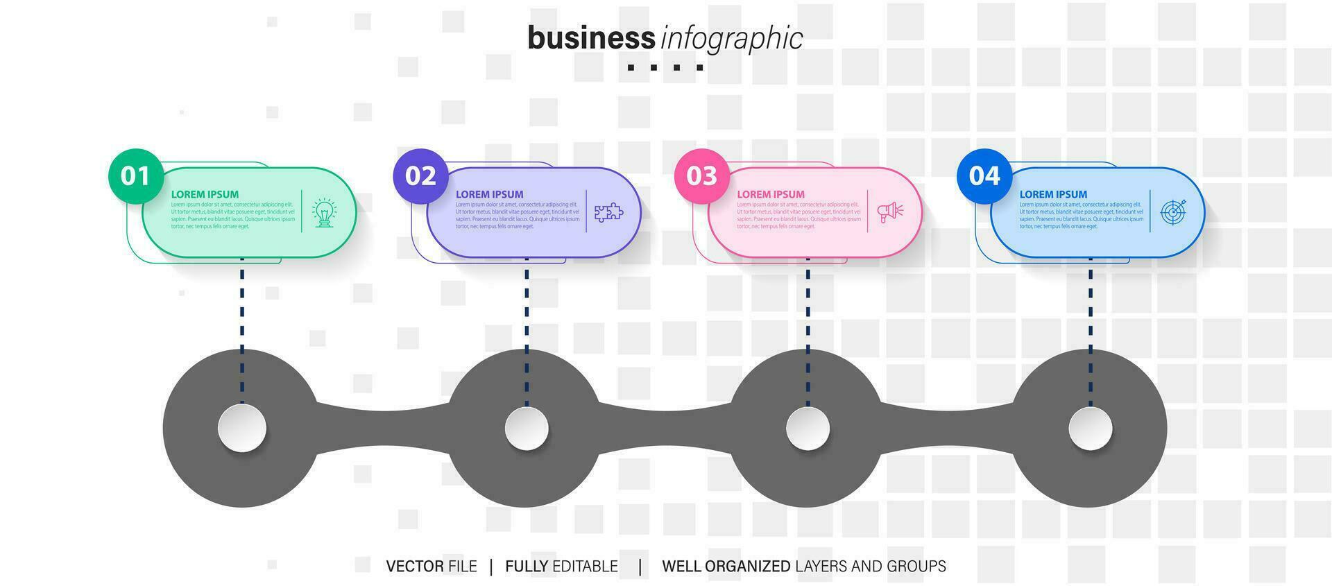 Mind map infographic template or element as a vector with 4 step, process, option, colorful label, icons, semicircular, circular, branch arrow, for sale slide or presentation, minimal, modern style