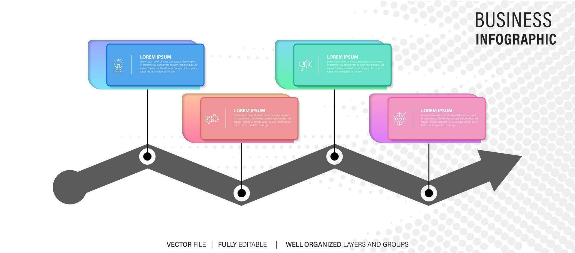 chart timeline infographic template or element with 4 project, process, step, option, colorful bar, arrow, minimal, modern style for sale slide, planner, workflow, roadmap, web vector