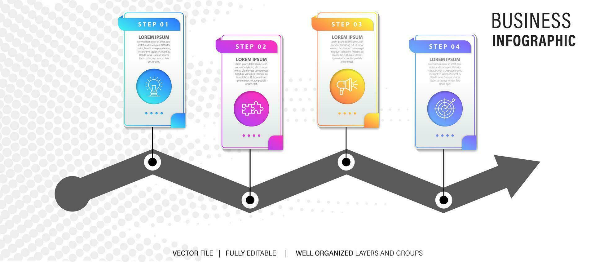 chart timeline infographic template or element with 4 project, process, step, option, colorful bar, arrow, minimal, modern style for sale slide, planner, workflow, roadmap, web vector
