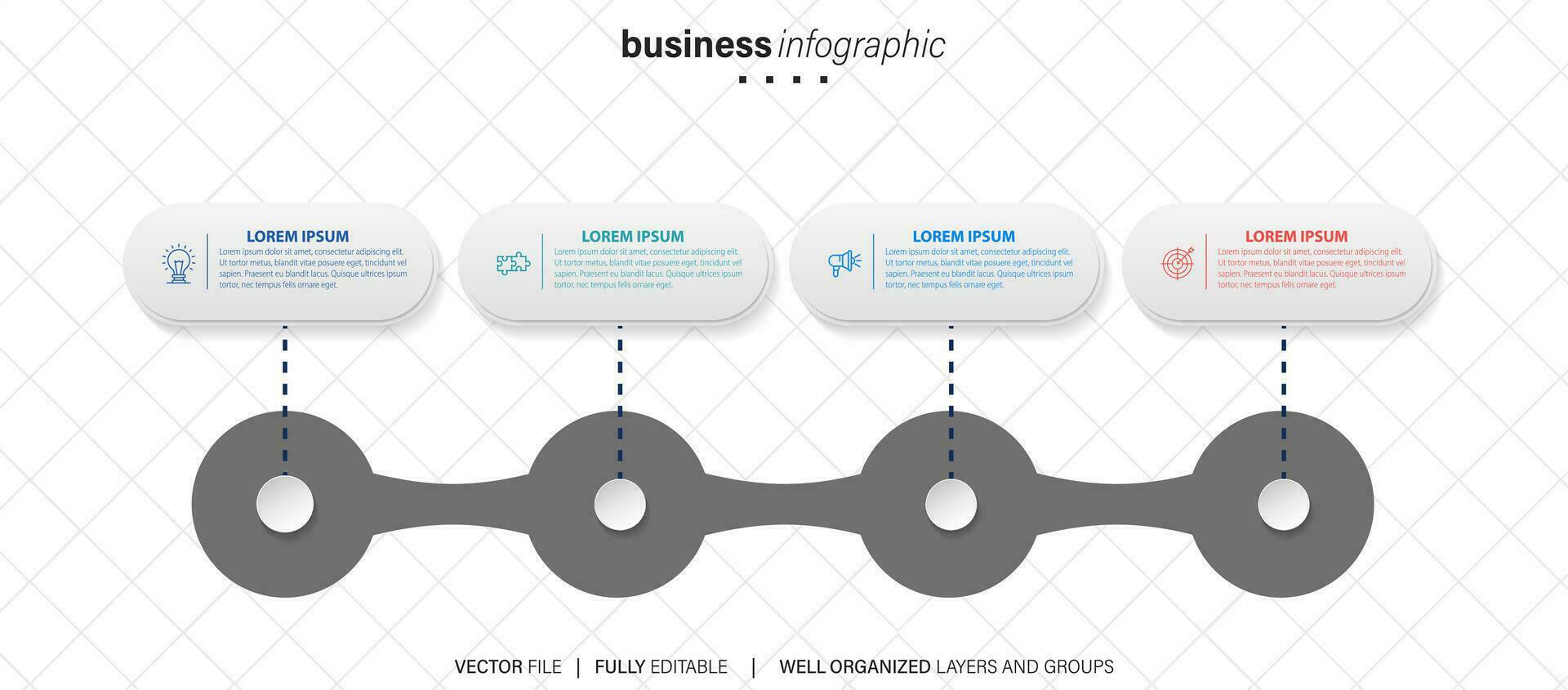 chart timeline infographic template or element with 4 project, process, step, option, colorful bar, arrow, minimal, modern style for sale slide, planner, workflow, roadmap, web vector