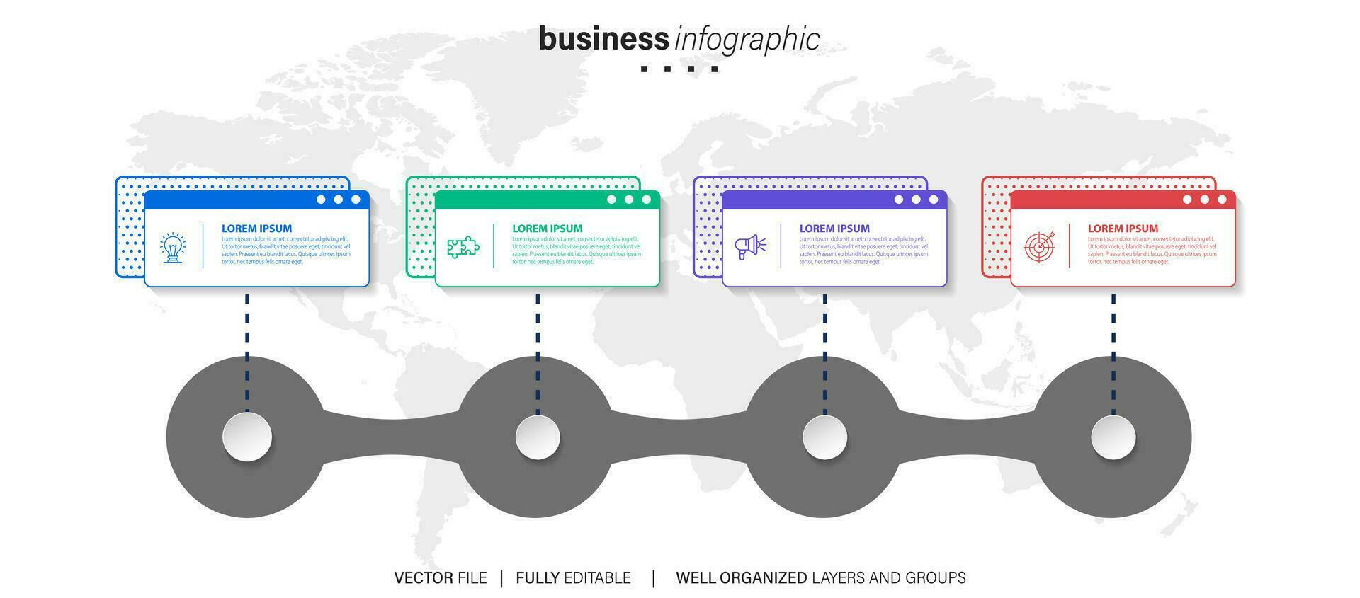 chart timeline infographic template or element with 4 project, process, step, option, colorful bar, arrow, minimal, modern style for sale slide, planner, workflow, roadmap, web vector