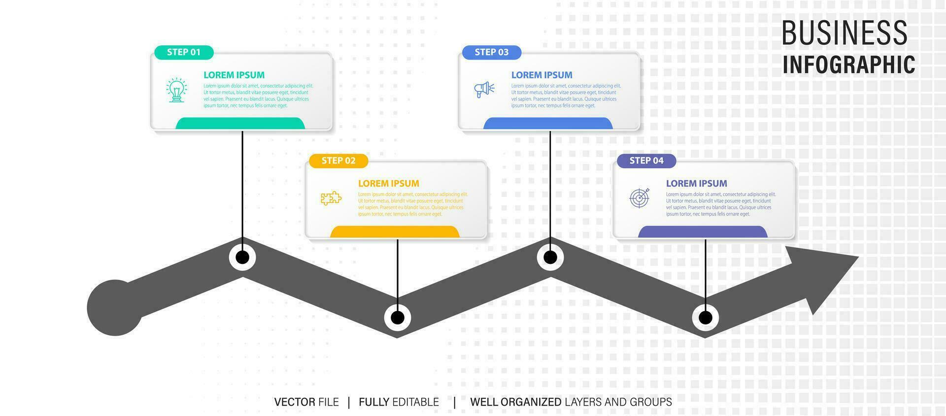 chart timeline infographic template or element with 4 project, process, step, option, colorful bar, arrow, minimal, modern style for sale slide, planner, workflow, roadmap, web vector