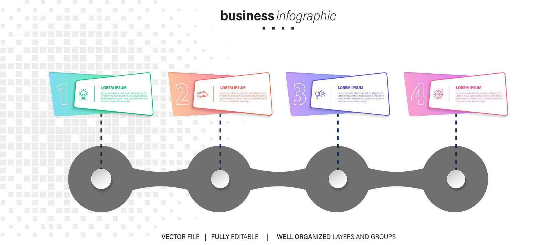 chart timeline infographic template or element with 4 project, process, step, option, colorful bar, arrow, minimal, modern style for sale slide, planner, workflow, roadmap, web vector