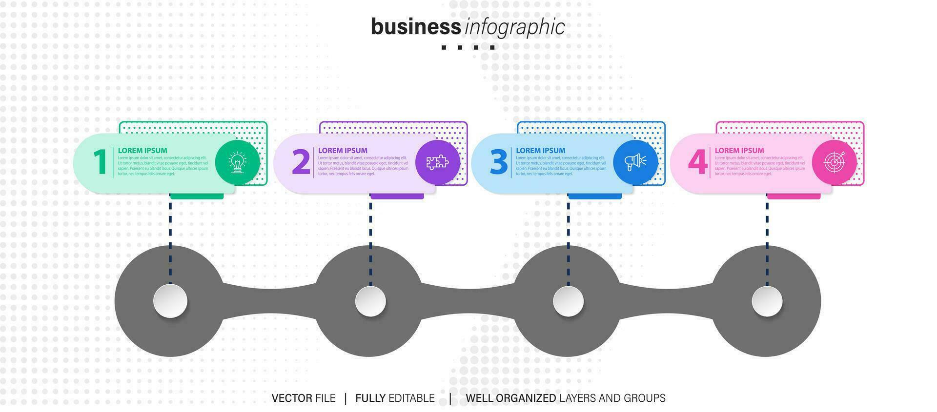 chart timeline infographic template or element with 4 project, process, step, option, colorful bar, arrow, minimal, modern style for sale slide, planner, workflow, roadmap, web vector