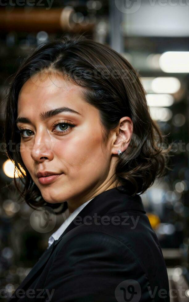 photo of working entrepreneur woman at factory with machine and worker, generative AI