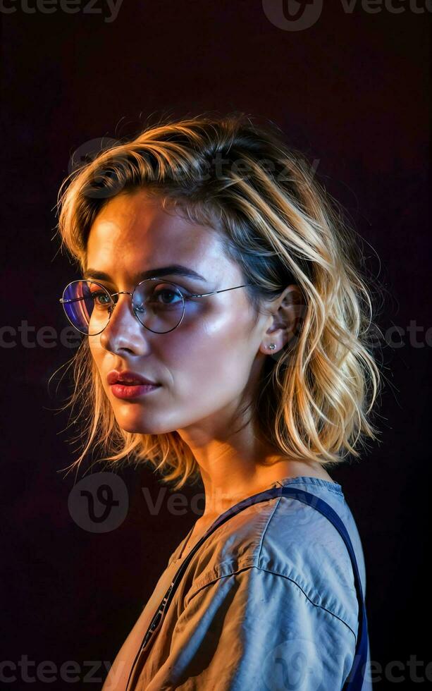 photo of beautiful woman with red and pink lighting and backdrop , generative AI