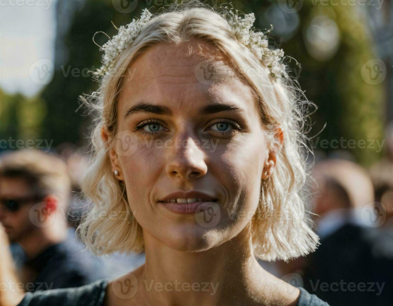 photo of beautiful woman at parade street in Europe country, generative AI