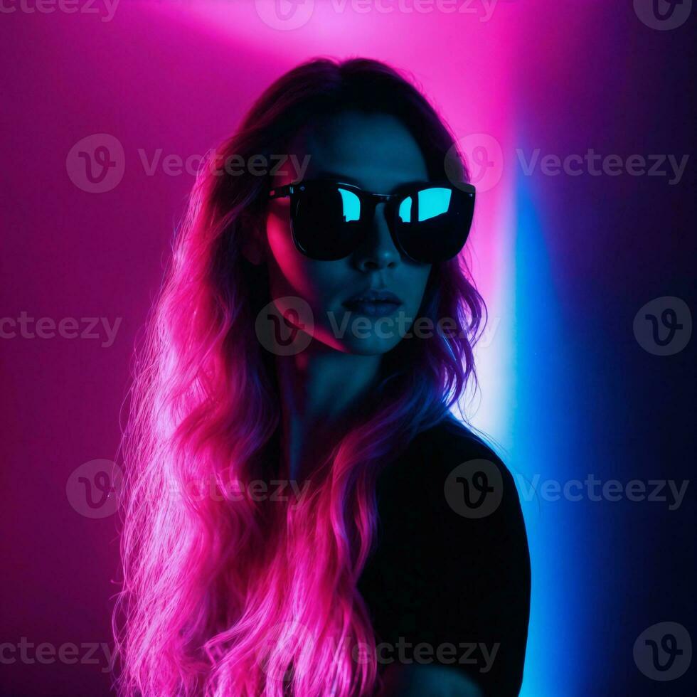 photo of beautiful woman with with mixed pink and blue neon light, generative AI