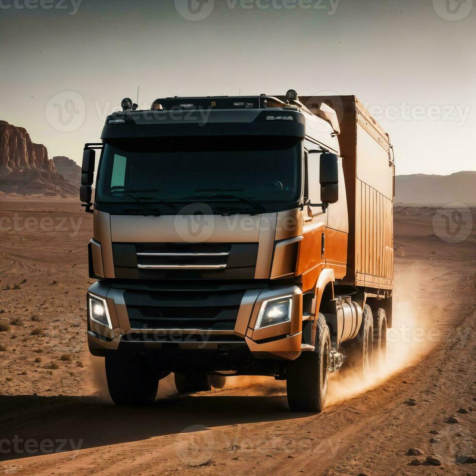 photo of truck in hot sand desert, generative AI