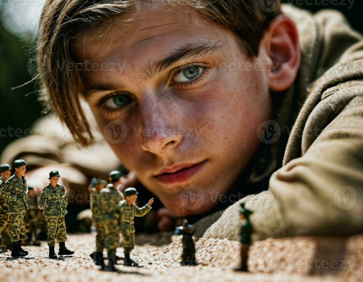 foto de Adolescente chico jugando con juguete soldados, generativo ai