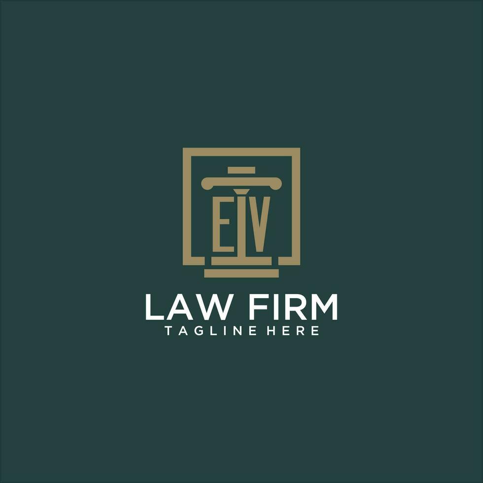 EV initial monogram logo for lawfirm with pillar design in creative square vector