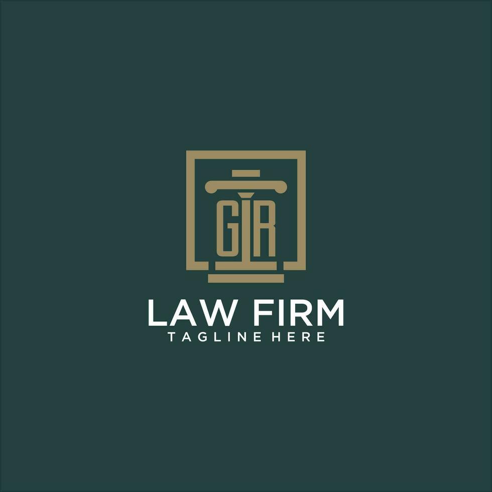 GR initial monogram logo for lawfirm with pillar design in creative square vector