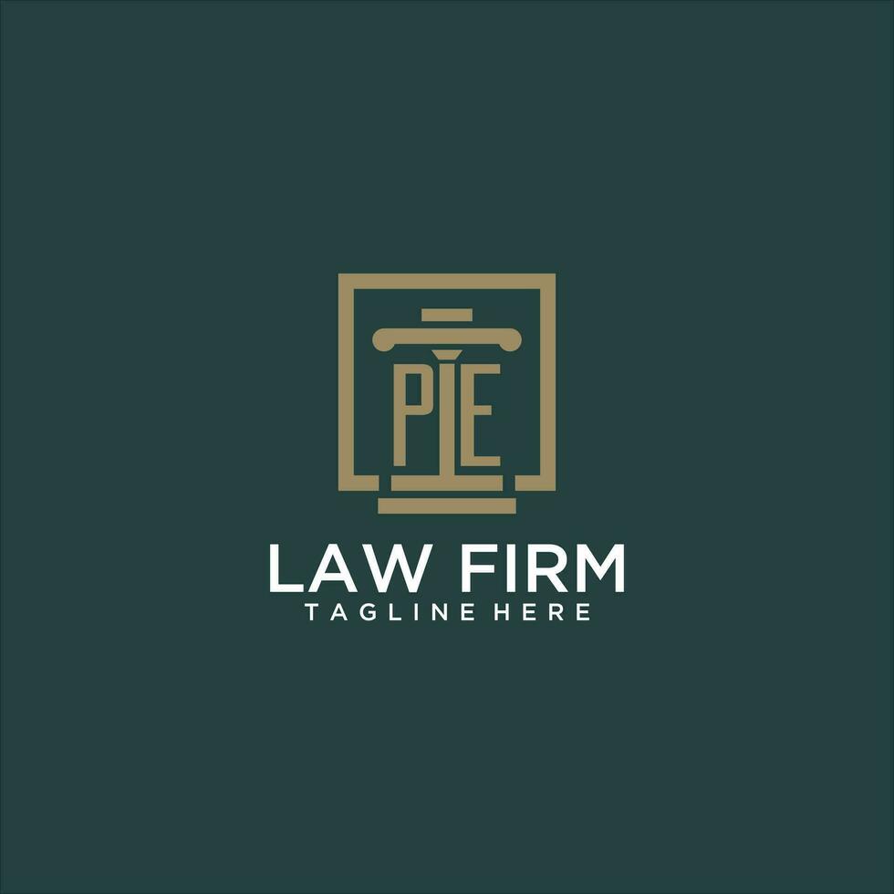PE initial monogram logo for lawfirm with pillar design in creative square vector