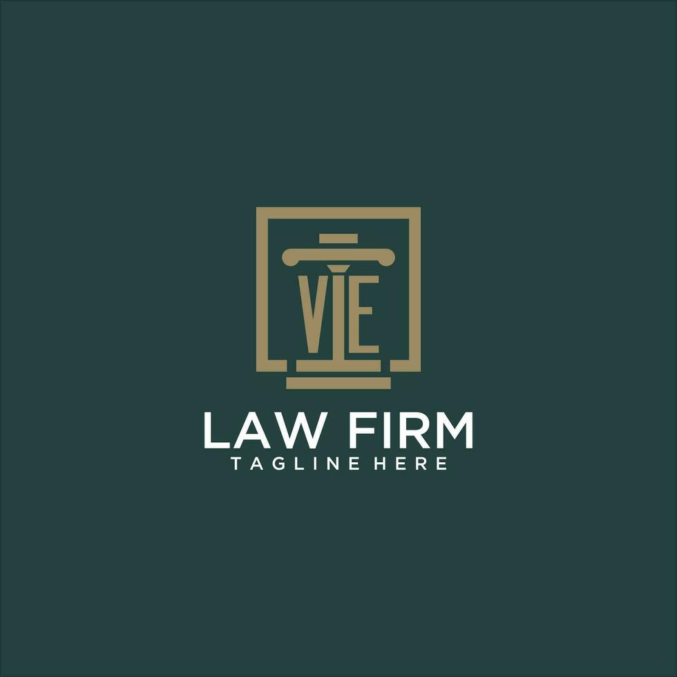 VE initial monogram logo for lawfirm with pillar design in creative square vector