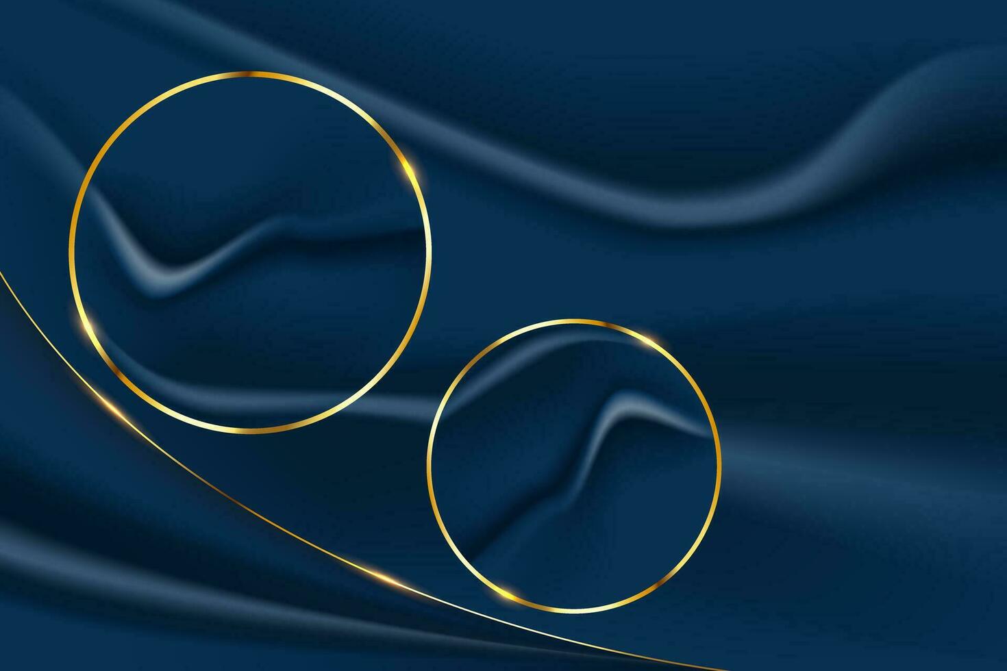 abstract design luxury gold circle line on fabric crumpled dark blue background. vector illustration