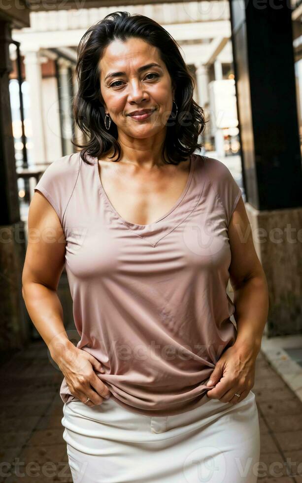 foto de medio Envejecido antiguo mujer a casa cerca mar playa, generativo ai