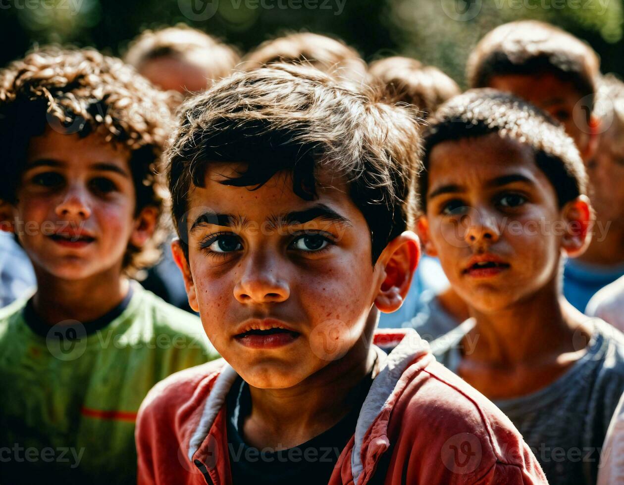 photo group of boy being bullied with wound and blood in the gang, generative AI