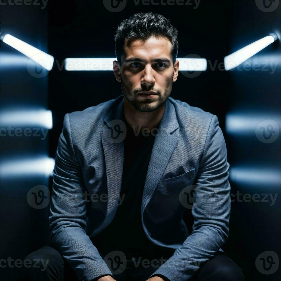 photo of handsome man with blue light on black background, generative AI